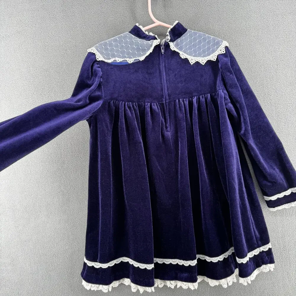 Vintage Pretty as a‎ Picture Velvet and Lace Little Girls Dress 6X Purple White